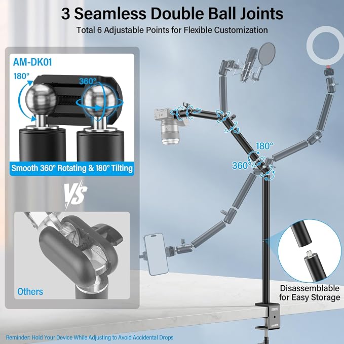 SIRUI 40" Overhead Desktop Mount w C-clamp, Heavy Duty Articulating Arm Camera Desk Mount, Flexible Magic Arm w Dual Ball Head, Boom Arm for Action Camera Ring Light Microphone Webcam Phone, AM-DK01