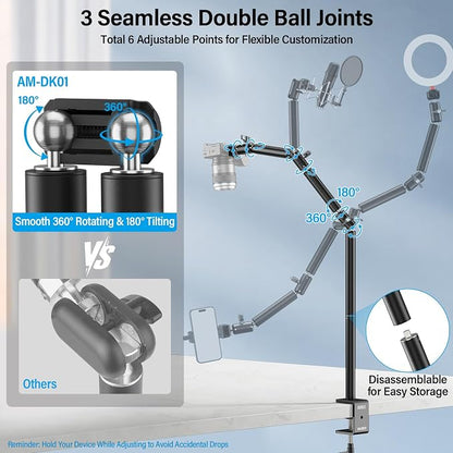 SIRUI 40" Overhead Desktop Mount w C-clamp, Heavy Duty Articulating Arm Camera Desk Mount, Flexible Magic Arm w Dual Ball Head, Boom Arm for Action Camera Ring Light Microphone Webcam Phone, AM-DK01