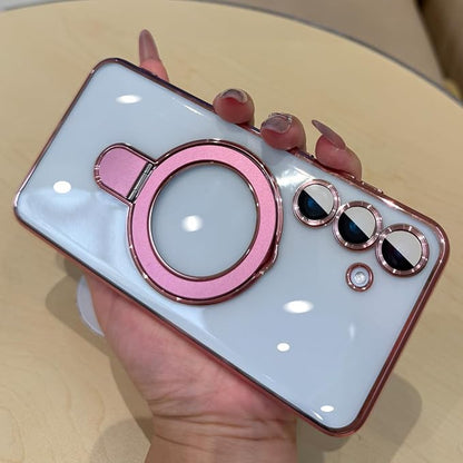 Magnetic Case for Samsung Galaxy S24 Case Stand & Ring Holder Compatible with MagSafe Built-in Camera Lens Protector Shockproof Phone Case for Samsung S24 - Pink