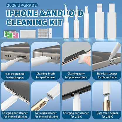 2026 Upgrade Phone Cleaning Kit 57PCS, iPhone Cleaning Kit, Airbud Cleaning Kit for AirPods, Keyboard Cleaning Kit, Charging Port Cleaner for Apple Lightning/Android USB-C (White, with 10 Mini Brush)
