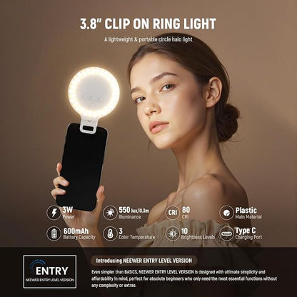 NEEWER Entry Level Version 3.8" Ring Light, 3W Clip on Phone Selfie Lighting for iPhone Laptop Desk Computer Webcam Video Conference Zoom Vlog Recording Streaming Makeup, 3 Modes CRI80 600mAh, NR5