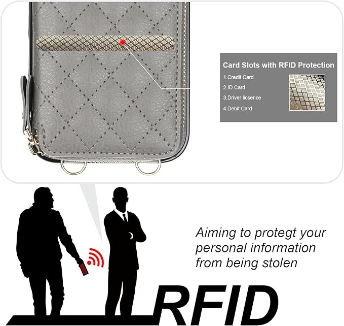 Bocasal Crossbody Wallet Case for iPhone 17 Pro Max, RFID Blocking PU Leather Zipper Handbag Purse Flip Cover, Kickstand Folio Case with Card Slots Holder Wrist Strap Lanyard 5G 6.9 Inch (Grey)