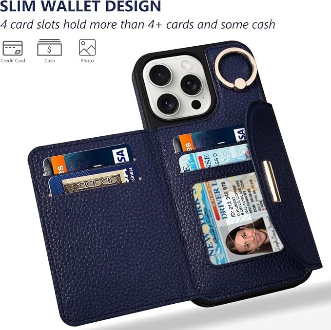 Keallce Wallet Case for iPhone 16 Pro Max 6.9'', Flip Case with Card Slots, Ring Holder Kickstand, PU Leather Protective Folio Cover for Women, Navyblue