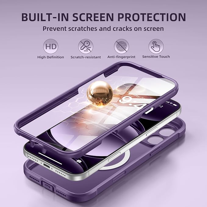 BERFY for iPhone 17 Pro Case, Compatible with MagSafe, Built-in Glass Screen Protector, Camera Protection, Shockproof Full Body Phone case 6.3", Translucent Deep Purple