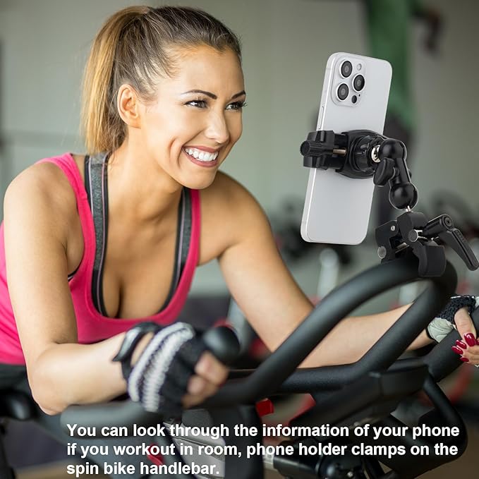 Phone Holder Clamp Mount for Treadmill/Spin Bike/Baby Stroller/Golf Cart/Music Stand/Microphone Stand/Handlebar,Compatible with 3.5~7.5" iPhone/Smartphone,360°Adjustable Aluminum Alloy Mount