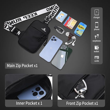 Peicees Mini Crossbody Sling Bag Chest Bag Dual Pocket Water Resistant Fanny Pack Running Phone Holder for Men Women Workout Travel, Black