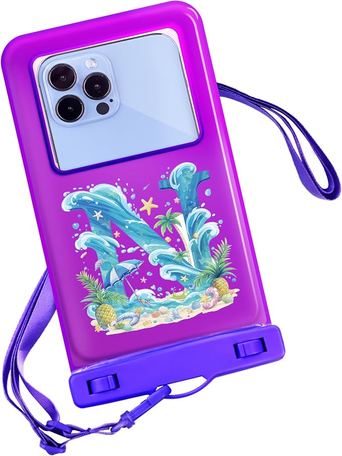Personalized Initial Waterproof Phone Pouch Case - IPX8 Cellphone Dry Bag with Lanyard for iPhone 16/15/14/13/12 Pro Max (6.1–6.9"), Beach & Cruise Ship Essentials with Monogrammed Design (Purple, N)