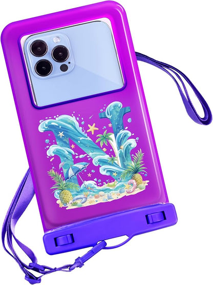 Personalized Initial Waterproof Phone Pouch Case - IPX8 Cellphone Dry Bag with Lanyard for iPhone 16/15/14/13/12 Pro Max (6.1–6.9"), Beach & Cruise Ship Essentials with Monogrammed Design (Purple, N)