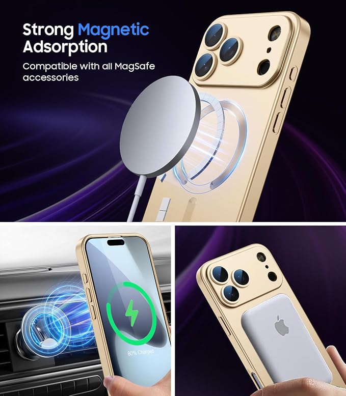 Magnetic for iPhone 17 Pro Max Case, Compatible with MagSafe, Built-in Camera Lens Protector, Slim Thin Soft Silicone Bumper Shockproof Metallic Luster Phone Case, Gold