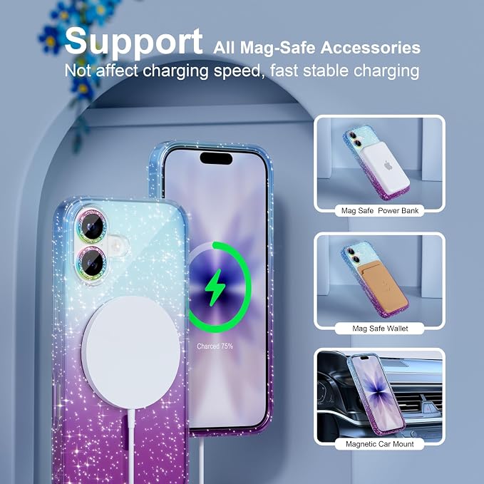 Choiche Magnetic for iPhone 17 Case Compatible with MagSafe, Women Cute Glitter Sparkly Phone Case with Diamond Camera Lens Protectors, Military-Grade Drop Protection 6.3" (Blue/Purple)
