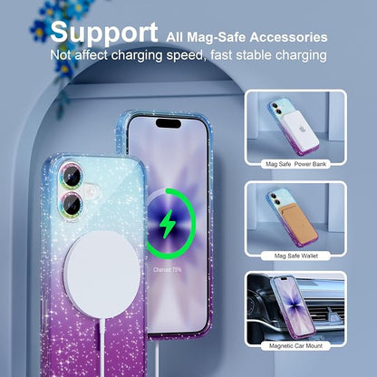 Choiche Magnetic for iPhone 17 Case Compatible with MagSafe, Women Cute Glitter Sparkly Phone Case with Diamond Camera Lens Protectors, Military-Grade Drop Protection 6.3" (Blue/Purple)