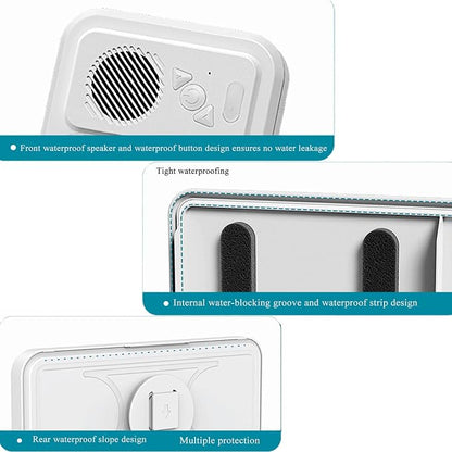 Shower Phone Holder with Wireless Bluetooth Speaker,Waterproof, Secure Attachment for Any Phone, Hands-Free Bathroom Entertainment, Play Music and Take Calls