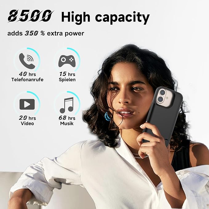 Battery Case for iPhone 16 (6.1 Inch) 8500 mAh, Slim Rechargeable Extended Charging Case, Portable Protective Phone Case with Battery Power Bank with Stand for iPhone 16 - Black