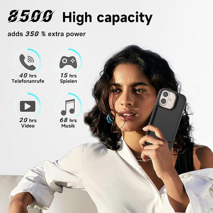 Battery Case for iPhone 16 (6.1 Inch) 8500 mAh, Slim Rechargeable Extended Charging Case, Portable Protective Phone Case with Battery Power Bank with Stand for iPhone 16 - Black
