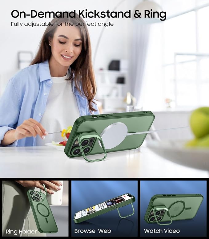 for iPhone 13 Pro Max Case, Compatible with MagSafe, 3-in-1 Camera Ring Stand, with 9H Camera Lens Cover, Non-Slip Translucent Matte Military-Grade Drop Protection Magnetic Case, Green
