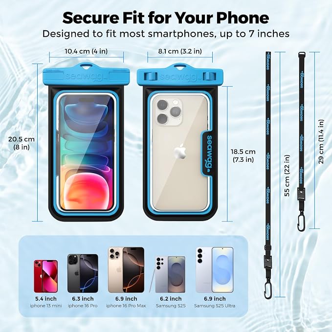 SEAWAG Next Waterproof Phone Case with Lanyard, Floating IPX8 Pouch for iPhone 17 16 Pro Max 15 14 13 12 11 and Samsung Galaxy S25 S24, Beach Cruise Travel Essentials, 1 Pack Blueblack
