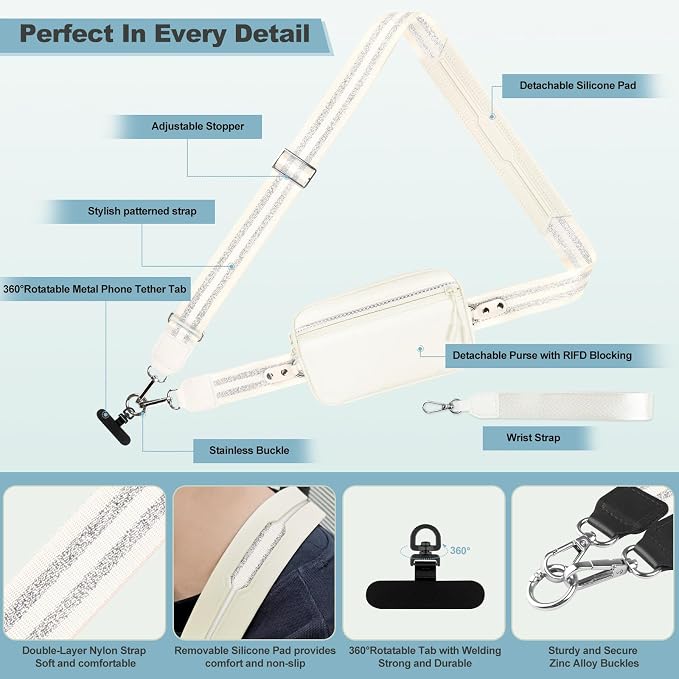 YFWE Clip and Go Strap for Phone with Wallet Crossbody, Adjustable Phone Lanyard with Detachable RFID Wristlet Wallet, Pattern Strap - Cream&Silver (L)