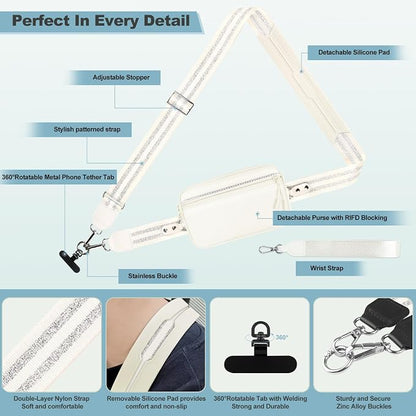 YFWE Clip and Go Strap for Phone with Wallet Crossbody, Adjustable Phone Lanyard with Detachable RFID Wristlet Wallet, Pattern Strap - Cream&Silver (L)