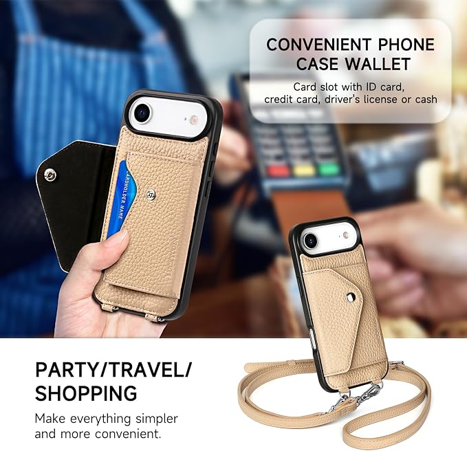 LUCKYCOIN for iPhone Air Crossbody Wallet Case – Genuine Leather Phone Purse with Adjustable Strap and Card Holder,Lanyard Phone Purse Case for Women,Pebble Grain Beige