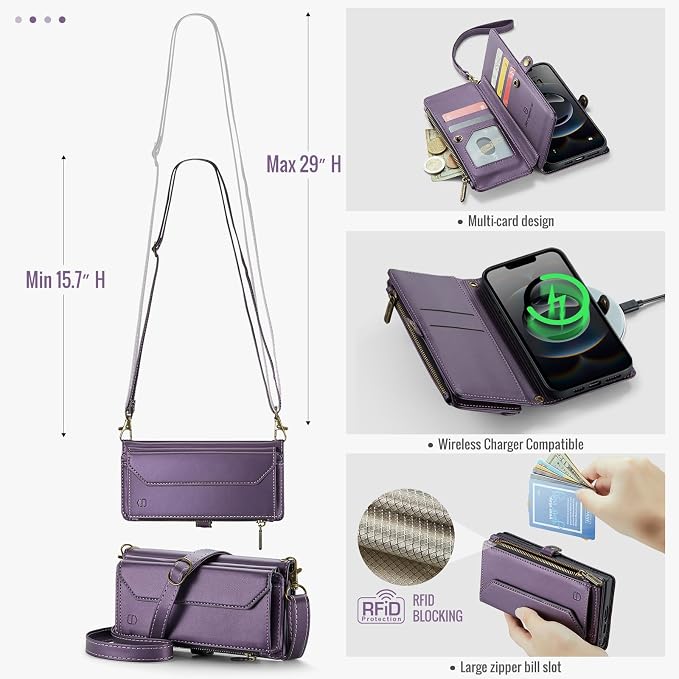 Strapurs Crossbody Wallet Case Compatible with iPhone 17e / iPhone 16e RFID Blocking 7-Card Holder PU Leather Magnetic Snap Shoulder Strap Zipper Pocket Phone Cases for iPhone 17e / 16e - Purple