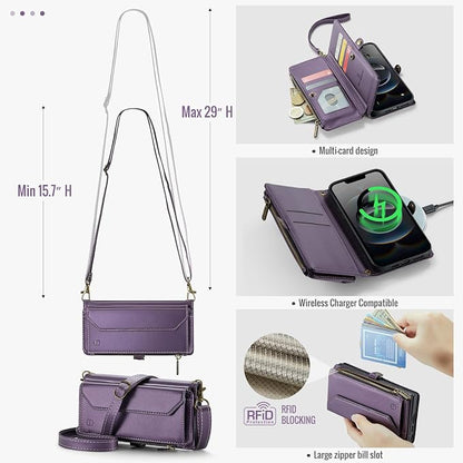 Strapurs Crossbody Wallet Case Compatible with iPhone 17e / iPhone 16e RFID Blocking 7-Card Holder PU Leather Magnetic Snap Shoulder Strap Zipper Pocket Phone Cases for iPhone 17e / 16e - Purple