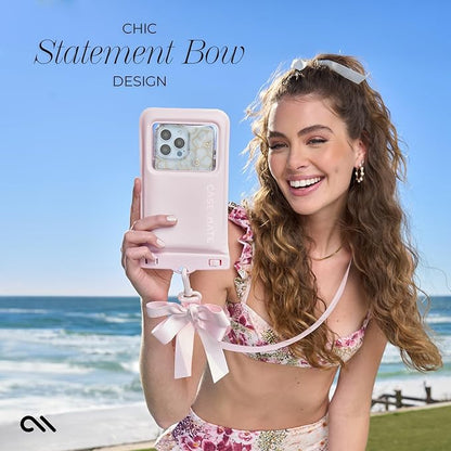 Case-Mate IP68 Waterproof Large Phone Pouch with Bow Design - Travel Beach Cruise Ship Essentials - Floating Phone Case with Crossbody Lanyard for iPhone 17 Pro Max/16 Pro/15/14/13/S26 - Ballet Pink