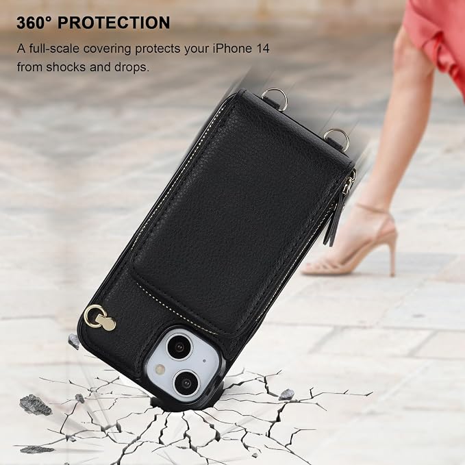 KIHUWEY Crossbody Wallet Case for iPhone 13 iPhone 14, Zipper Pocket Case with Card Holder, PU Leather RFID Blocking Protective Cover Case with Kickstand Detachable Wrist Strap Lanyard 6.1" (Black)