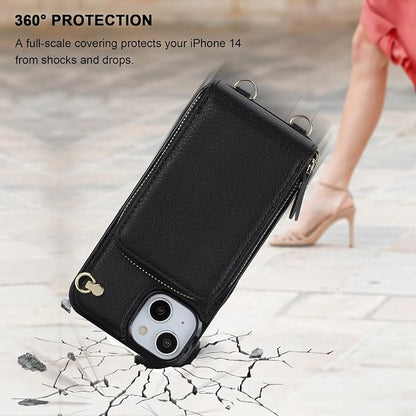 KIHUWEY Crossbody Wallet Case for iPhone 13 iPhone 14, Zipper Pocket Case with Card Holder, PU Leather RFID Blocking Protective Cover Case with Kickstand Detachable Wrist Strap Lanyard 6.1" (Black)