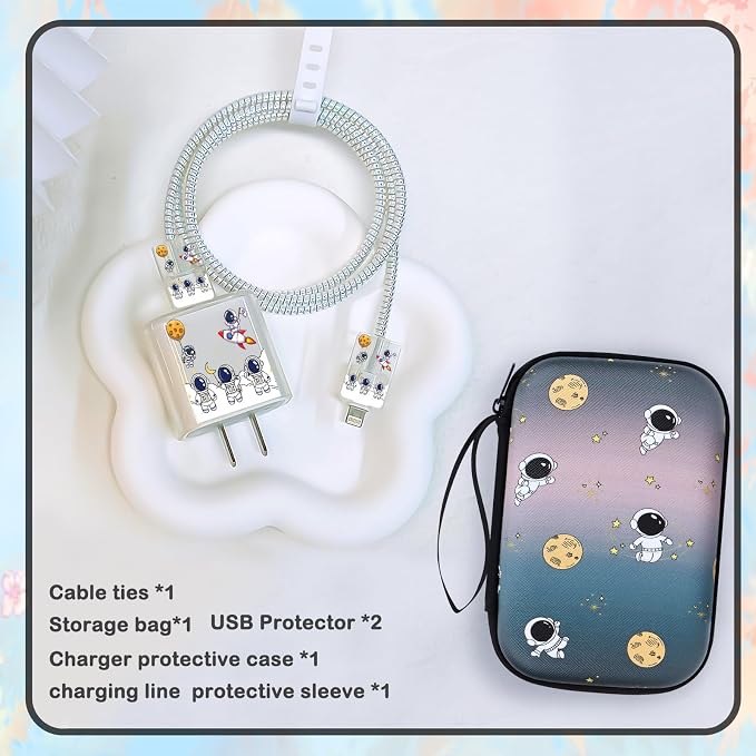 Cute DIY Phone Charger Case Storage Set with Cartoon Cable Protector with Carrying Cable Case Bag, Cord Organizer, USB Earphone Wire Saver Organizer Charger Protector for iPhone (Astronaut)