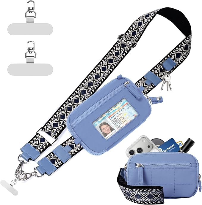 Tiostep Clip and Go Strap for Phone with Wallet Crossbody Phone Lanyard with Anti-Theft Zipper Pouch Detachable Quilted Wrist Wallet with RFID and ID Window for Daily Travel. Blue
