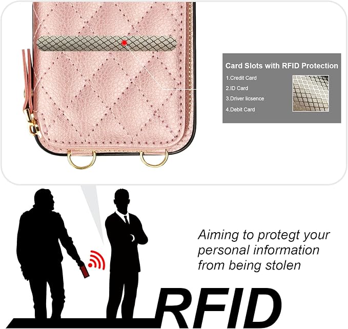Bocasal Crossbody Wallet Case for iPhone 17e/16e, RFID Blocking PU Leather Zipper Handbag Purse Flip Cover, Kickstand Folio Case with Card Slots Holder Wrist Strap Lanyard 6.1 Inch 5G (Rose Gold)