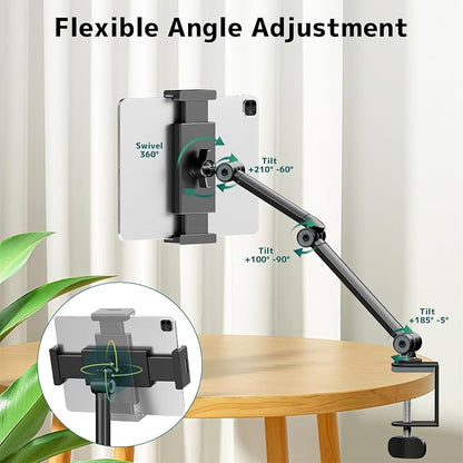 Tablet Stand Holder for Desk, Portable Phone Tablet Holder for ipad with 360° Rotation,Adjustable Arm Clamp Mount Compatible with 4.7"-12.9" iPad, iPhone, Kindle, Black