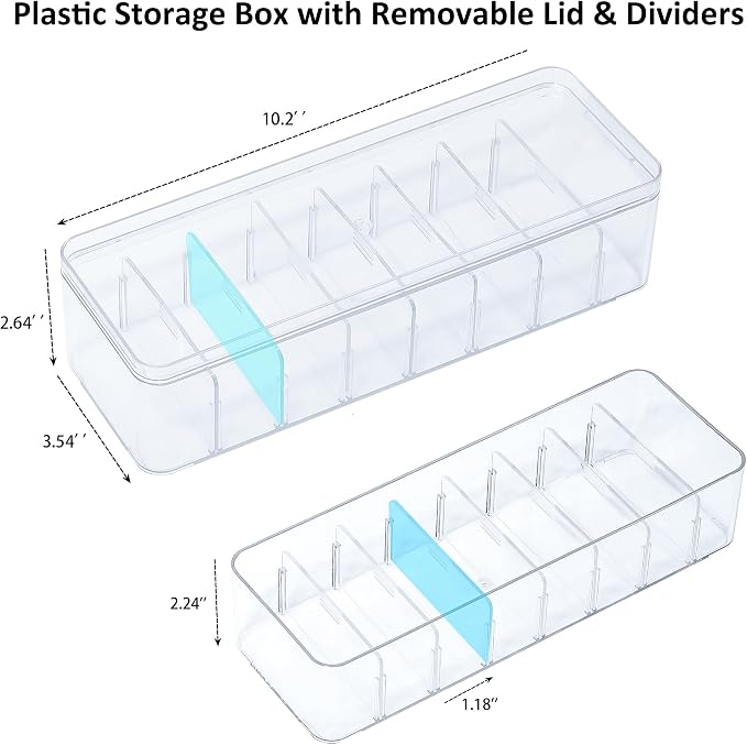 2 Pack Cable Organizer Box with Lid, Plastic Cord Storage Organizer with 8 Adjustable Compartments for Home Office Desk Drawer, Clear Phone Charger Bins