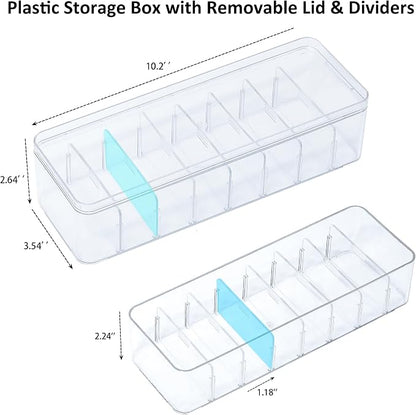 2 Pack Cable Organizer Box with Lid, Plastic Cord Storage Organizer with 8 Adjustable Compartments for Home Office Desk Drawer, Clear Phone Charger Bins