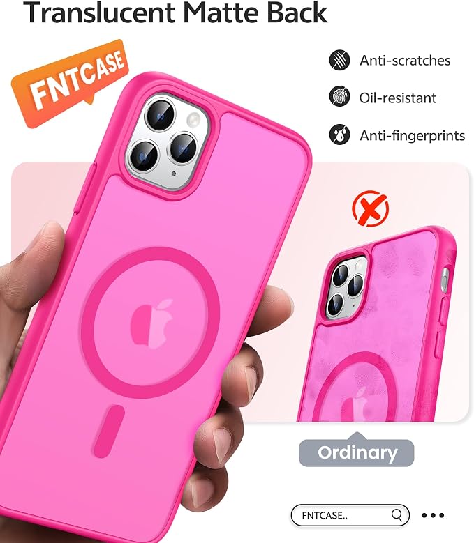 FNTCASE for iPhone 11 Pro Case: [Compatible with Magsafe] Translucent Matte Magnetic Phone Cover - Military Grade Drop Protection Shockproof Protective for iPhone 11Pro 2019 Cases - Hot Pink