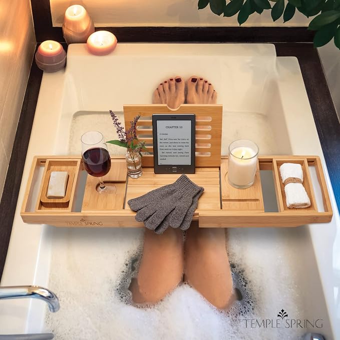 Temple Spring Bamboo Bathtub Tray Caddy for Tub — Expandable Wood Bath Tray with Solid Book Stand Wine Holder and Non-Slip Pads — Includes Bamboo Soap Dish and Spa Accessories — Luxury Bath Gift Set