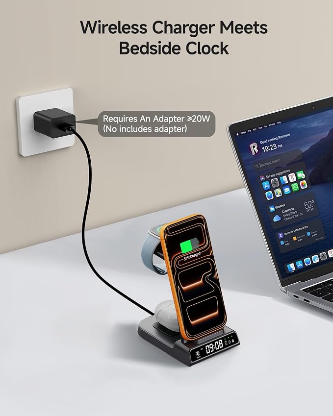 Fitbit Charger Stand for Fitbit Versa 4/3/Sense 2/1/Ace LTE, 3 in 1 Wireless Charging Station for iPhone Air/17/16/15/14, for Samsung S25/S24/S23, Wireless Charger for Earbuds, SwanScout C01FB