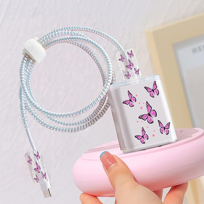 Cute Phone Charger Storage Case cover Set Pink Butterfliy flowers Carrying Bag with Cable Protector Cord Organizer,Cable Chomper,Charger Saver Lightning Compatible for iPhone