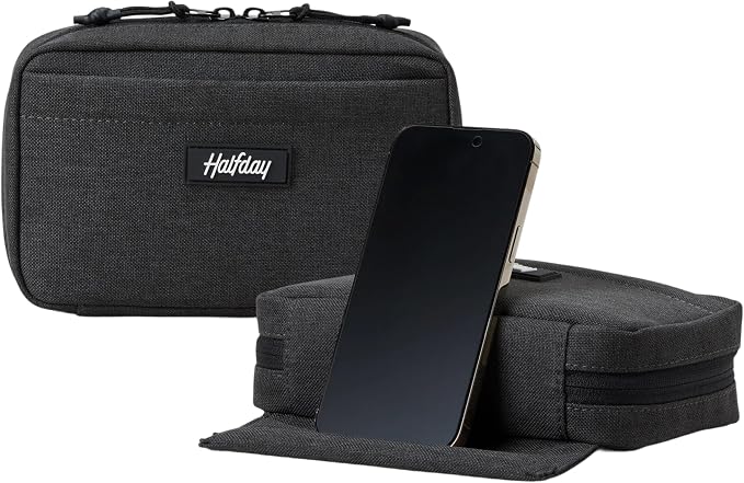 Halfday Sidekick Tech Organizer Kit: Flip-Out Kickstand for Phone/Tablet, Zip-Flat Pouch with Power Mesh & Elastic for Cable & Charger (Splash-Resistant Travel Electronics Accessories Case), Shadow