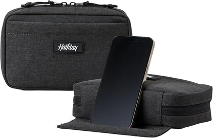 Halfday Sidekick Tech Organizer Kit: Flip-Out Kickstand for Phone/Tablet, Zip-Flat Pouch with Power Mesh & Elastic for Cable & Charger (Splash-Resistant Travel Electronics Accessories Case), Shadow