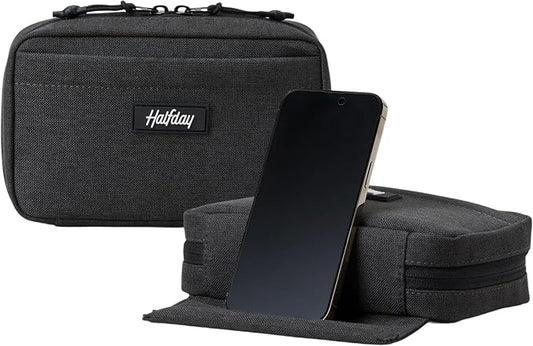 Halfday Sidekick Tech Organizer Kit: Flip-Out Kickstand for Phone/Tablet, Zip-Flat Pouch with Power Mesh & Elastic for Cable & Charger (Splash-Resistant Travel Electronics Accessories Case), Shadow