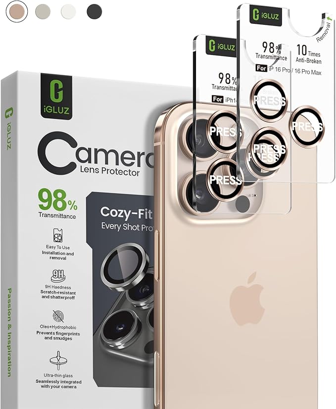iGluz 2 Pack Anti-Reflection Camera Lens Protector for iPhone 16 Pro/iPhone 16 Pro Max [98% Transmittance][1-Step Installation Tray][Strong Adsorption] 9H Shatterproof Tempered Glass-Desert Titanium