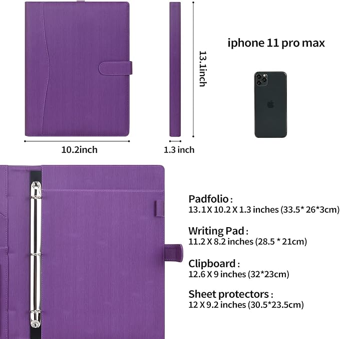 Wonderpool A4 PU Leather Portfolio Holder Ring File Document Case with Removable Binder Clipboard, Multi Pocket and Legal Pad for Business Organizer Interview and Meeting (Purple)