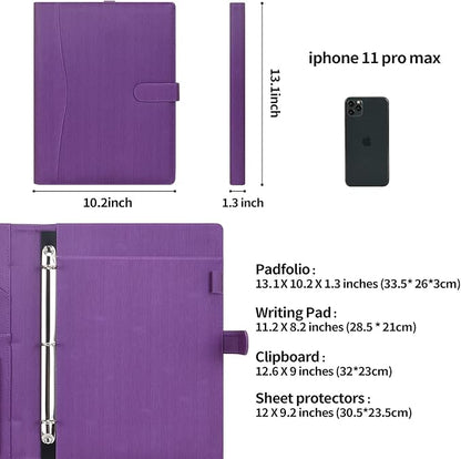 Wonderpool A4 PU Leather Portfolio Holder Ring File Document Case with Removable Binder Clipboard, Multi Pocket and Legal Pad for Business Organizer Interview and Meeting (Purple)