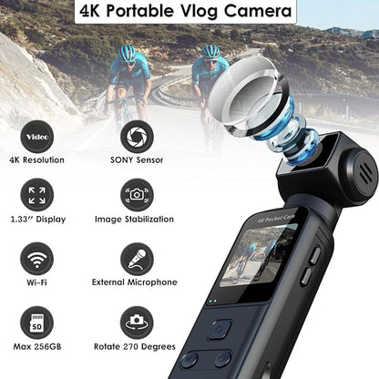 4K Body Camera with External Microphone, Mini Video & Audio Pocket Cam 270° Rotation Camera for Outdoor Sport, Bike, Travel, Police Law Enforcement, Personal Civilians, 64GB Included