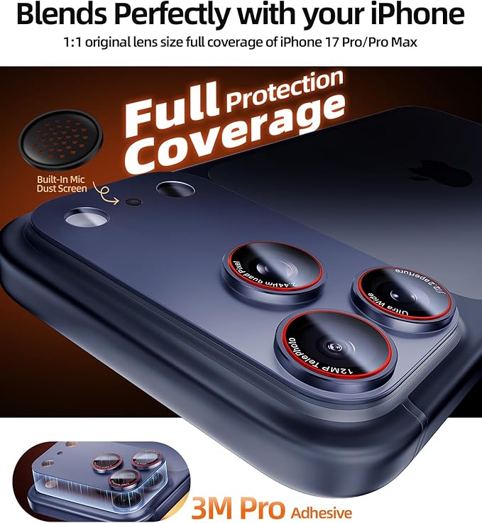 X-it for iPhone 17 Pro Camera Lens Protector, 9H Military Grade High-Alumina Tempered Glass Cover, Shatterproof with Strong Adhesion, Case Friendly & 1:1 Perfect Fit Camera Protector (Blue)