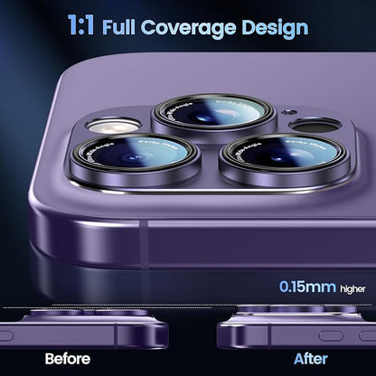 CACOE Camera Lens Protector for iPhone 14 Pro/14 Pro Max/16 Pro/16 Pro Max - Metal Frame Tempered Glass Cover, [Anti-Scratch] [Drop-Proof][Strong-Adhesion] Camera Screen Cover(Dark Purple)