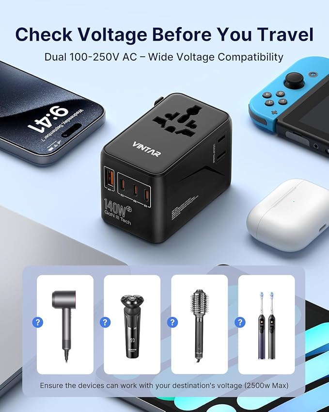 VINTAR 140W GaN Universal Travel Adapter, 6-in-1 International Power Adapter with 2AC, 3 USB-C PD & 1 USB-A QC, All-in-One Charger Compatible with EU/UK/US/AU for Laptops, Tablets, Phones, Cameras