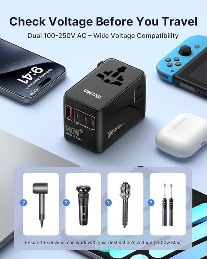 VINTAR 140W GaN Universal Travel Adapter, 6-in-1 International Power Adapter with 2AC, 3 USB-C PD & 1 USB-A QC, All-in-One Charger Compatible with EU/UK/US/AU for Laptops, Tablets, Phones, Cameras