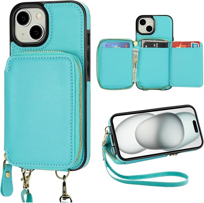 Bocasal RFID Blocking Wallet Case for iPhone 15, Adjustable Crossbody Zipper Purse Case Card Holder with Kickstand Detachable Wrist Strap, PU Leather Flip Folio Case 6.1 Inch 5G (Mint Green)
